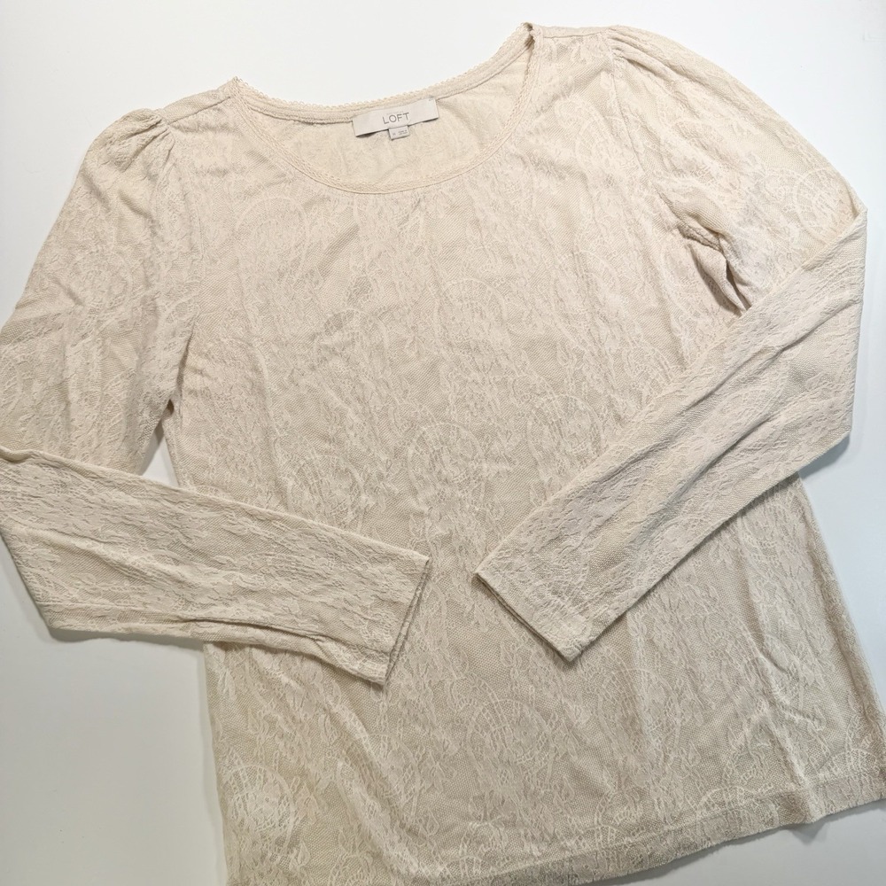 LOFT Beige Long Sleeve Top Lace Overlay M Romantic Boho Fairycore